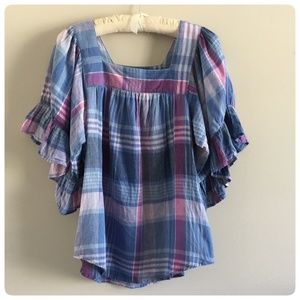 SALE 🌻 BEACHLUNCHLOUNGE linen blend plaid flouncy short sleeve tunic top